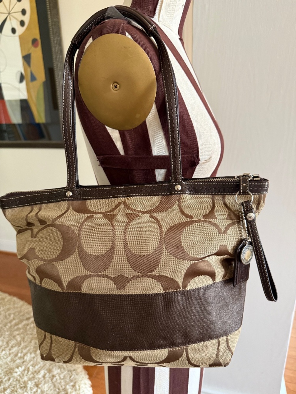 Coach Signature C Stripe Tote Bag Style F13548 Khaki Canvas with Brown Trim